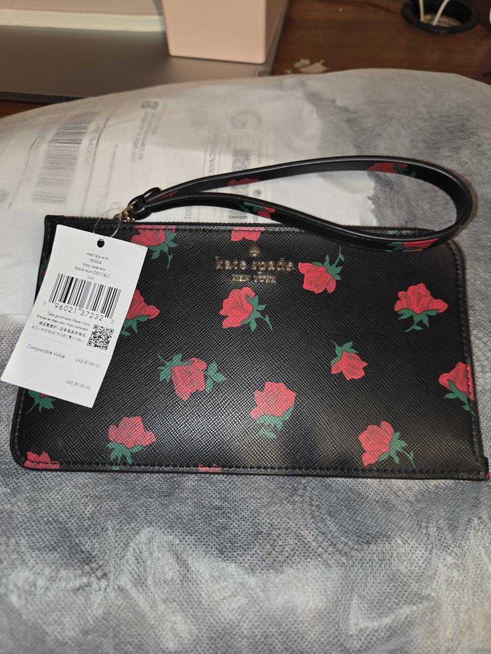 Kate Spade Black Wristlet with Red Rose Print